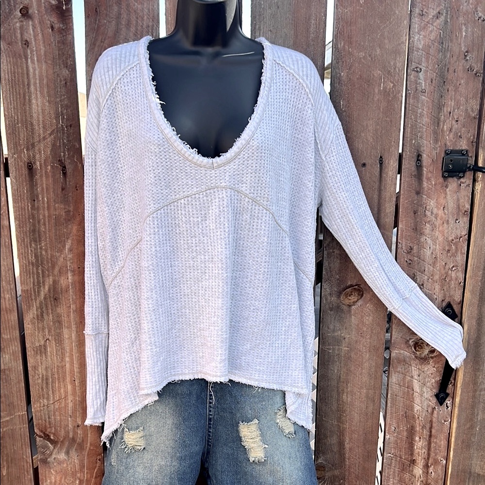 Free People Size Medium Distressed Waffle Knit Women's Gray Top NWOT